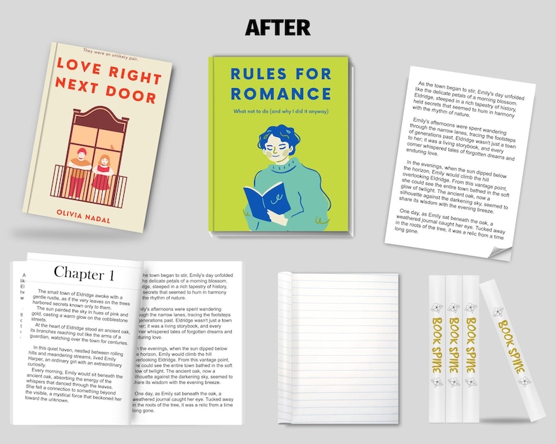 May include: Two book covers with illustrations and text. The first book cover is titled "Love Right Next Door" with a couple on a balcony. The second book cover is titled "Rules for Romance" with a woman reading a book. Both covers have the author's name, Olivia Nadal.