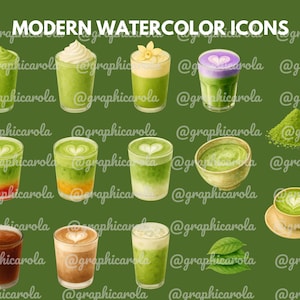 May include: Watercolor illustrations of various matcha and coffee drinks, including lattes and iced beverages, with heart-shaped foam art. The image also features matcha powder and tea leaves. Text at the top reads "MODERN WATERCOLOR ICONS".