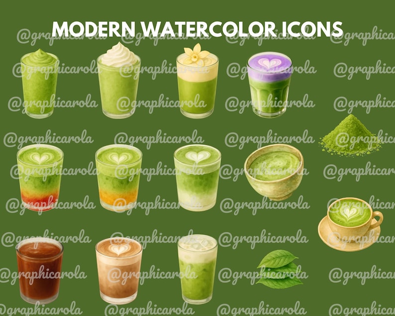 May include: Watercolor illustrations of various matcha and coffee drinks, including lattes and iced beverages, with heart-shaped foam art. The image also features matcha powder and tea leaves. Text at the top reads "MODERN WATERCOLOR ICONS".