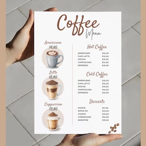 May include: A white menu with a brown coffee shop logo and a list of coffee and dessert options with prices. The menu also includes watercolour illustrations of coffee drinks.