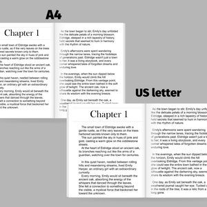 May include: Two open books side-by-side, one labeled "A4" and the other "US letter." Each page displays text with the title "Chapter 1." The text describes a town and a girl named Emily.