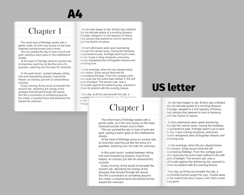 May include: Two open books side-by-side, one labeled "A4" and the other "US letter." Each page displays text with the title "Chapter 1." The text describes a town and a girl named Emily.