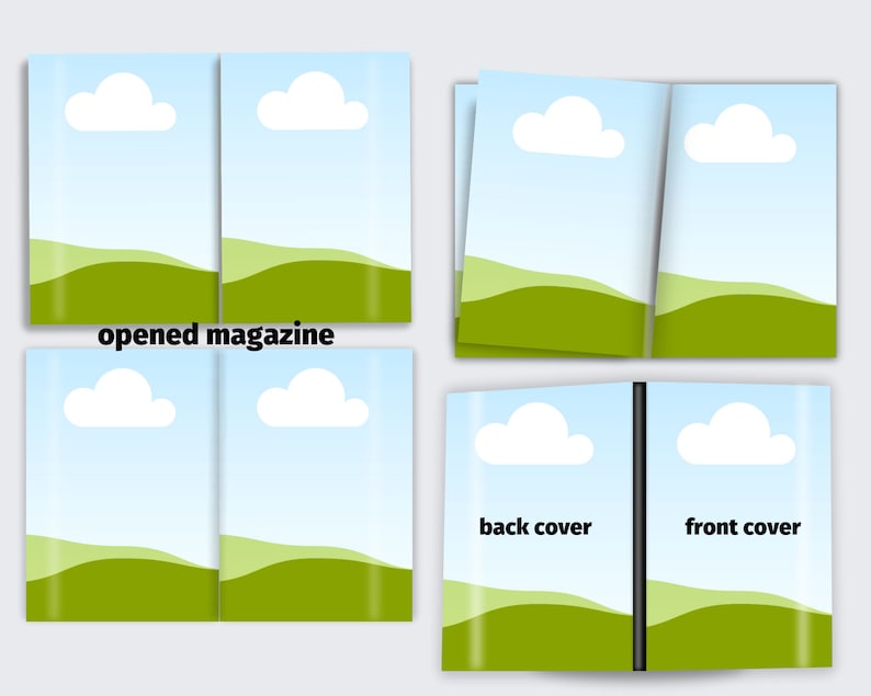 May include: A mockup of a magazine cover with a blue sky, white clouds, and green hills. The text "opened magazine" is below the image. The magazine is folded in half to show the front and back covers. The text "front cover" and "back cover" is on the front and back covers.