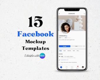 Puede incluir: Una maqueta de perfil de Facebook se muestra en un smartphone. La imagen incluye el texto "15 Plantillas de Maqueta de Facebook Editables con Canva". La pantalla muestra un perfil con foto, nombre de usuario y detalles.