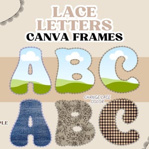 May include: Digital graphic set titled LACE LETTERS CANVA FRAMES featuring alphabet letters A, B, and C with scalloped lace edges. The top row shows letters filled with a sky and landscape scene, while the bottom row displays denim, floral, and plaid patterns.