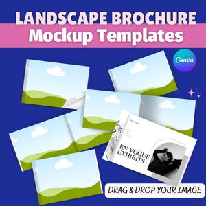 Op de afbeelding: Een grafisch ontwerp mockup template met de tekst "LANDSCAPE BROCHURE Mockup Templates". De afbeelding toont verschillende brochure mockups met landschapsafbeeldingen en de tekst "EN VOGUE EXHIBITS". Het Canva logo is zichtbaar.