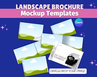 Puede incluir: Una plantilla de maqueta de diseño gráfico con el texto "LANDSCAPE BROCHURE Mockup Templates". La imagen muestra varias maquetas de folletos con escenas de paisajes y el texto "EN VOGUE EXHIBITS". El logotipo de Canva es visible.