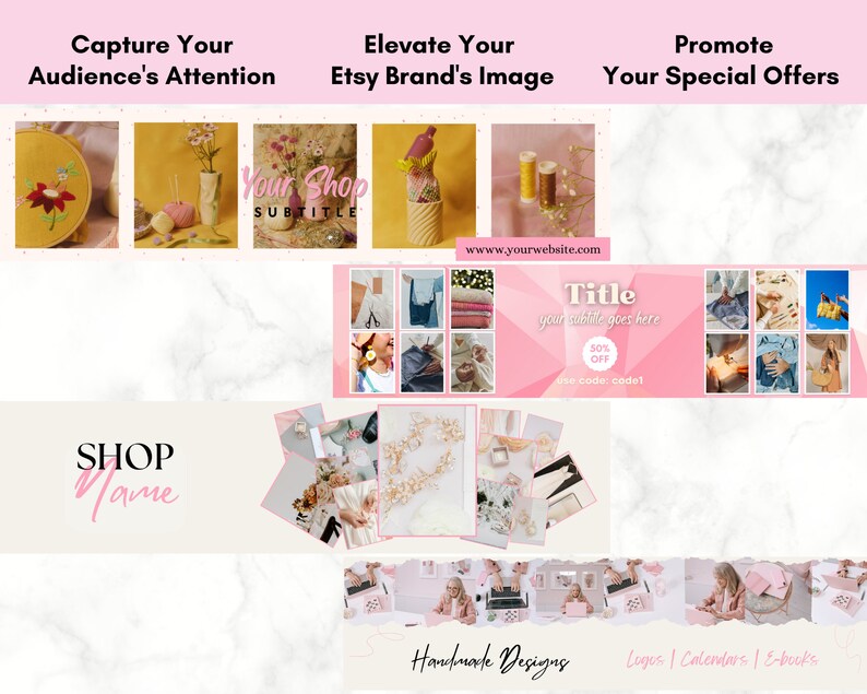 May include: A collage of images promoting handmade designs, including logos, calendars, and ebooks. The collage features a pink and white color scheme with a variety of images, including floral arrangements, fabric swatches, and a woman working on a craft project. The text "Handmade Designs" is featured at the bottom of the collage.