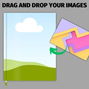 May include: A blank, customizable notebook cover with a blue sky, white cloud, and green grass design.  The cover is shown with a colorful, abstract design that can be added to the cover.