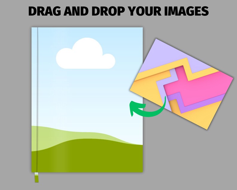 May include: A blank, customizable notebook cover with a blue sky, white cloud, and green grass design.  The cover is shown with a colorful, abstract design that can be added to the cover.