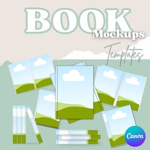 Puede incluir: Imagen de maquetas y plantillas de libros. Los libros presentan un diseño de cielo y paisaje. La palabra "BOOK" está en la parte superior, con "Mockups" y "Templates" debajo. Un logotipo de Canva está en la esquina inferior derecha.