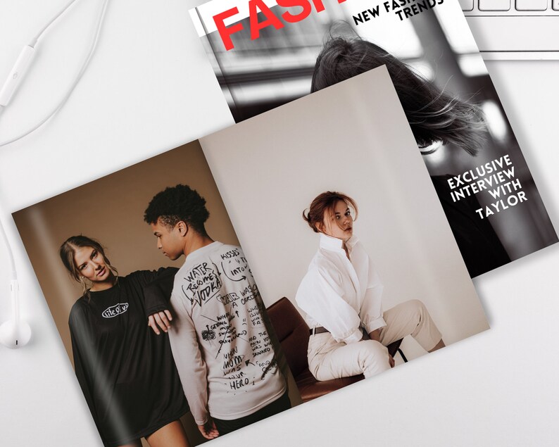 May include: A fashion magazine spread featuring three models. The first page shows two models wearing casual clothing with text on the back of one of the shirts. The second page shows a model wearing a white shirt and white pants sitting on a chair. The magazine cover features the word "FA" in red text and the words "NEW FAS TREND" in black text. The last page features the text "EXCLUSIVE INTERVIEW WITH TAYLOR" in white text.