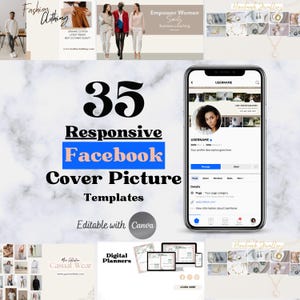 Puede incluir: Imagen promocional con un smartphone que muestra un perfil de redes sociales, rodeado de materiales de marketing. El texto incluye "35 Plantillas de imagen de portada de Facebook" y "Editable con Canva."