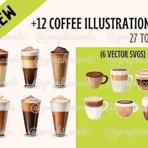 May include: A set of 27 coffee illustrations, including 12 coffee drinks in tall glasses and 6 coffee cups in vector SVG format. The illustrations feature various coffee drinks, including lattes, cappuccinos, and macchiatos.