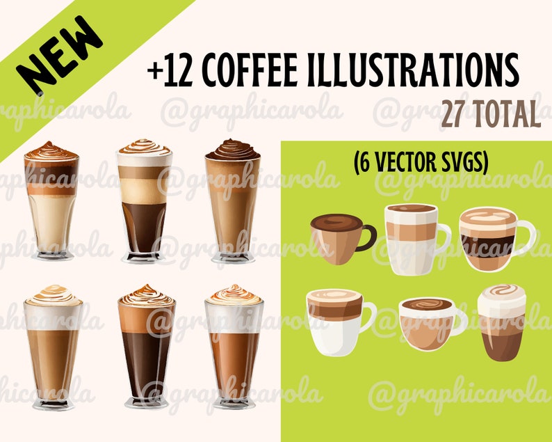 May include: A set of 27 coffee illustrations, including 12 coffee drinks in tall glasses and 6 coffee cups in vector SVG format. The illustrations feature various coffee drinks, including lattes, cappuccinos, and macchiatos.