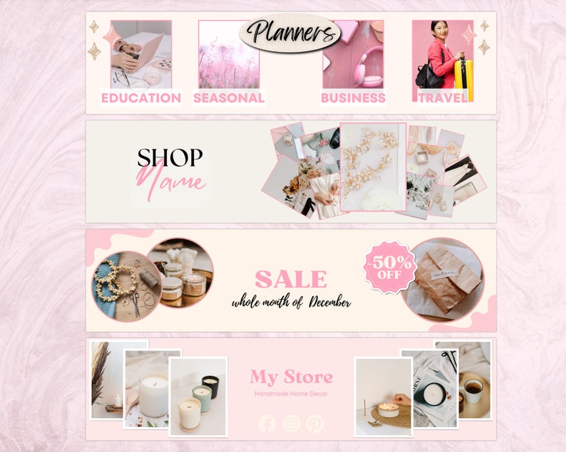 May include: A collage of images promoting a shop that sells handmade home decor, including candles, wreaths, and other items. The shop is having a sale for the whole month of December with 50% off. The shop's name is "Shop Name".