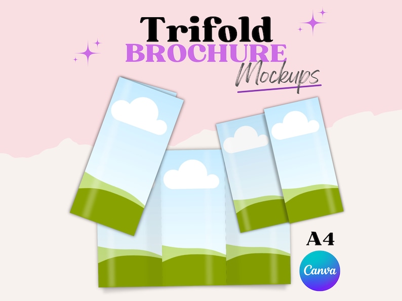 May include: A trifold brochure mockup with a light blue sky and white cloud design. The brochure is open, displaying the interior pages with a green landscape. The text "Trifold Brochure Mockups" is at the top.