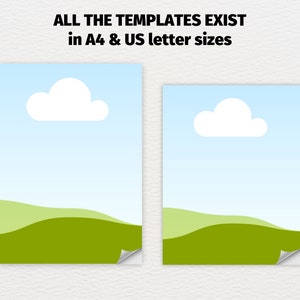 May include: Two landscape-themed templates, one larger and one smaller, featuring a blue sky with a white cloud and green rolling hills. The text at the top reads "ALL THE TEMPLATES EXIST in A4 & US letter sizes". The bottom right corner of each template is curled.