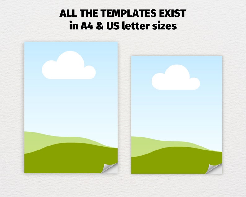 May include: Two landscape-themed templates, one larger and one smaller, featuring a blue sky with a white cloud and green rolling hills. The text at the top reads "ALL THE TEMPLATES EXIST in A4 & US letter sizes". The bottom right corner of each template is curled.