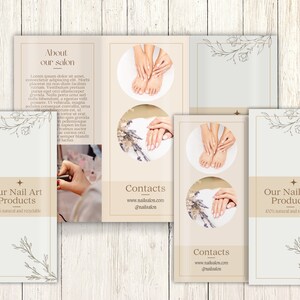 May include: A brochure with a beige background and floral accents. The brochure features images of manicured hands and feet, along with text that reads "About our salon", "Our Nail Art Products", and contact information.