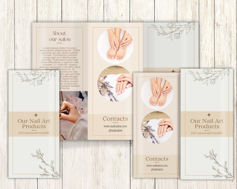 May include: A brochure with a beige background and floral accents. The brochure features images of manicured hands and feet, along with text that reads "About our salon", "Our Nail Art Products", and contact information.