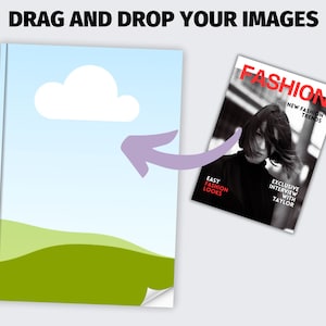May include: A blue and green illustration of a landscape with a white cloud. An arrow points to a magazine cover with the word "FASHION" in large red letters. The magazine cover features a black and white photo of a woman with the text "NEW FASHION TRENDS", "EASY FASHION LOOKS", and "EXCLUSIVE INTERVIEW WITH TAYLOR".