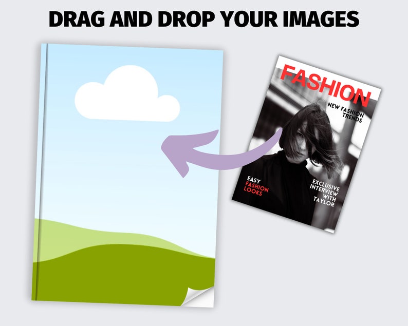 May include: A blue and green illustration of a landscape with a white cloud. An arrow points to a magazine cover with the word "FASHION" in large red letters. The magazine cover features a black and white photo of a woman with the text "NEW FASHION TRENDS", "EASY FASHION LOOKS", and "EXCLUSIVE INTERVIEW WITH TAYLOR".