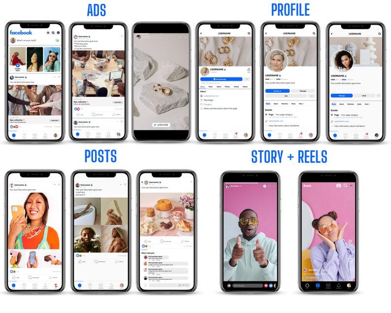 Social Media Mockup Bundle, Facebook Mockup, Instagram Mockup, TikTok Mockup, Profile, Story, Reels, Ads Social Media Mockup Templates, Editable with Canva, Social Media Mockup Canva Template