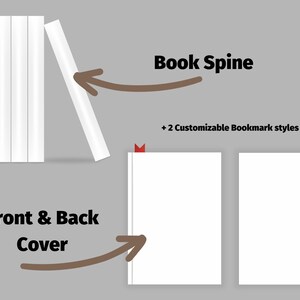 May include: Image of a book with a white cover and spine. The text on the image says "Book Spine", "Front & Back Cover", and "+ 2 Customizable Bookmark styles". The image shows two customizable bookmark styles.