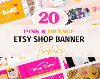 Pink Etsy Shop Banner Mockups, Canva Template, Pink Orange Etsy Shop Cover Picture, Etsy Shop Template Personalised Store Banner Branding