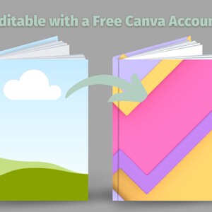 May include: Two book covers, one with a simple blue sky, white cloud, and green hills design, and the other with a colorful geometric pattern of pink, yellow, and purple.