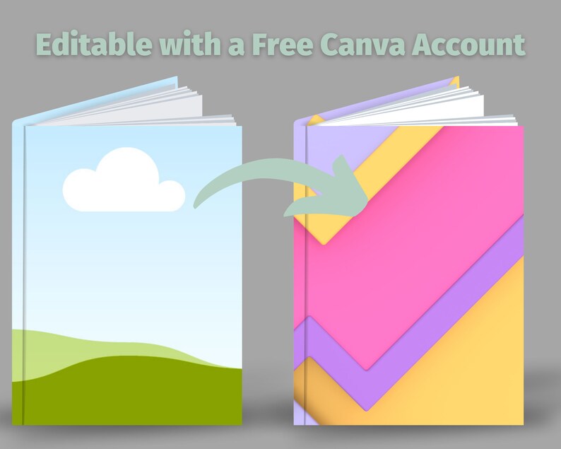 May include: Two book covers, one with a simple blue sky, white cloud, and green hills design, and the other with a colorful geometric pattern of pink, yellow, and purple.