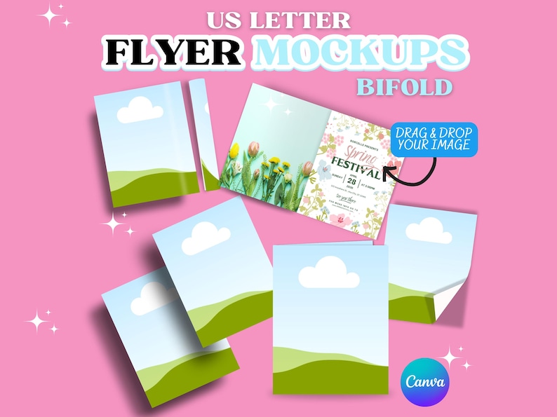 Pu&ograve; includere: Mockup di un volantino bifold in formato US Letter con un design di festival primaverile. Il volantino presenta un design floreale con il testo "Spring Festival" e la data "28 | 29". Il mockup mostra il volantino piegato a met&agrave; e disteso su uno sfondo rosa.