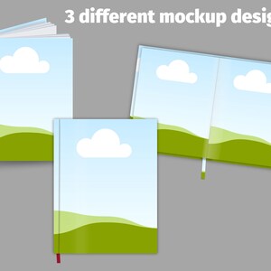 May include: Three different mockup designs for a book cover. Each design features a blue sky with a white cloud and a green grassy hill.