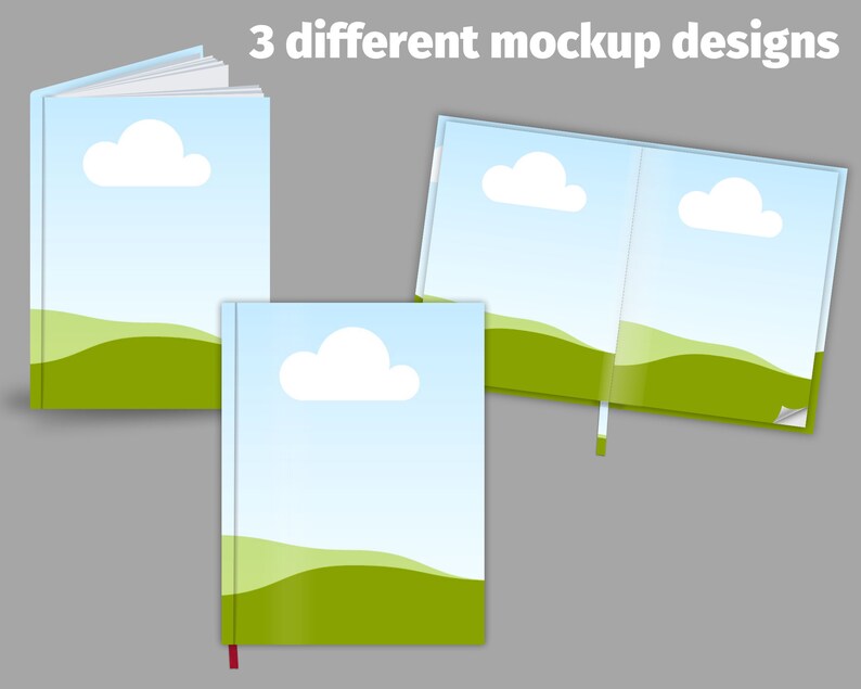 May include: Three different mockup designs for a book cover. Each design features a blue sky with a white cloud and a green grassy hill.