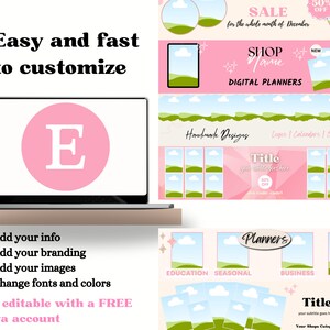 May include: A pink and green digital planner template with a cloud and hill design. The text "Shop Name" and "Digital Planners" is displayed on the template. The template is fully customizable with a free Canva account.