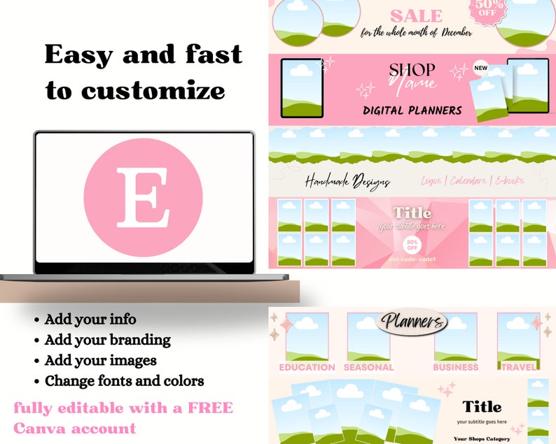 May include: A pink and green digital planner template with a cloud and hill design. The text "Shop Name" and "Digital Planners" is displayed on the template. The template is fully customizable with a free Canva account.