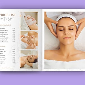 Pu&ograve; includere: Un listino prezzi per un salone di bellezza e spa. L'elenco include i prezzi per i trattamenti viso e i massaggi. I prezzi sono in euro. L'immagine include anche foto di persone che ricevono trattamenti spa.