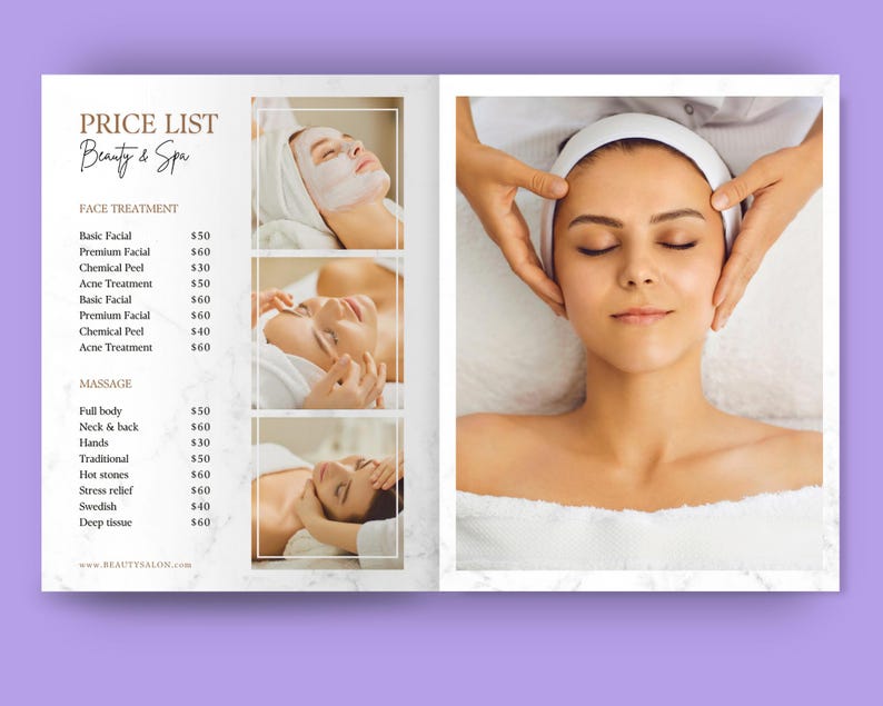 Pu&ograve; includere: Un listino prezzi per un salone di bellezza e spa. L'elenco include i prezzi per i trattamenti viso e i massaggi. I prezzi sono in euro. L'immagine include anche foto di persone che ricevono trattamenti spa.