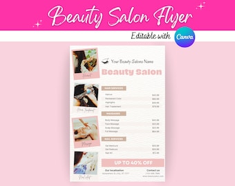 編集可能な美容サロンのチラシ | 価格表 Canva テンプレート | ネイルサロン SPA エステティシャン ヘアサロン | プロモーションチラシ | A4 印刷可能なチラシ