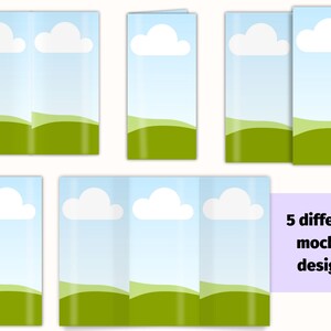 May include: Five different mockup designs are displayed, each featuring a landscape scene with a blue sky, white clouds, and green hills. The designs are presented in various folded brochure formats.