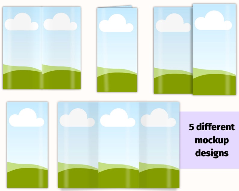May include: Five different mockup designs are displayed, each featuring a landscape scene with a blue sky, white clouds, and green hills. The designs are presented in various folded brochure formats.