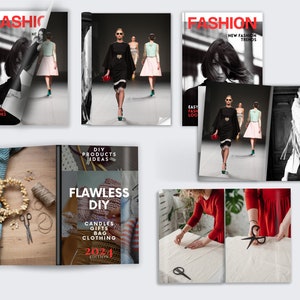 May include: A collection of magazines featuring fashion and DIY projects. The magazines have a red and white color scheme with bold text. The covers feature images of models and close-up shots of DIY projects.