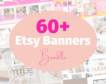 Puede incluir: Un collage de más de 60 plantillas de banners de Etsy en rosa y blanco con el texto "60+ Etsy Banners Bundle". Los banners presentan varios diseños y textos, incluyendo "Your Shop", "Handmade Product", "Title Goes Here" y "Home".