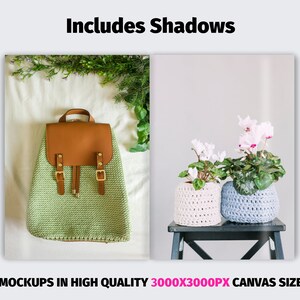 May include: Two crocheted plant pots, one light pink and one light blue, with green plants with pink flowers in them. The pots are on a black wooden stand. The background is a light gray wall.