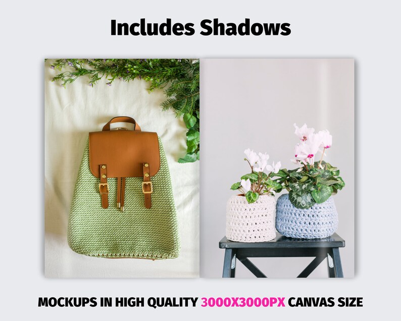 May include: Two crocheted plant pots, one light pink and one light blue, with green plants with pink flowers in them. The pots are on a black wooden stand. The background is a light gray wall.