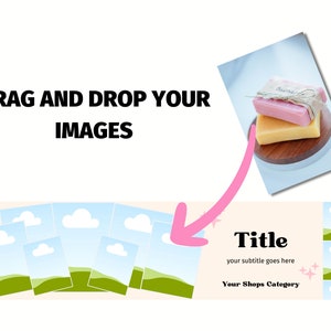 May include: A mockup of a product listing for an Etsy shop. The listing features a title, subtitle, and category. The listing also includes a placeholder image of a soap bar. The image is a placeholder for the user to drag and drop their own images.