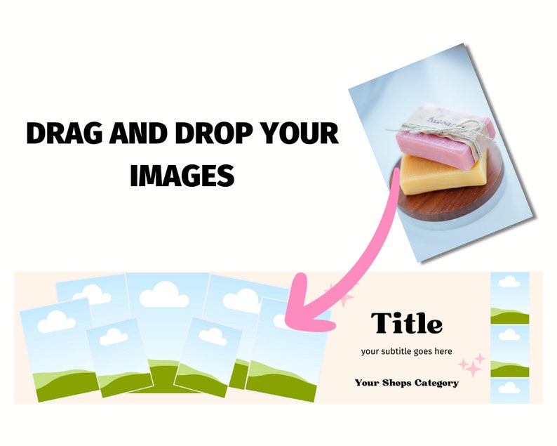 May include: A mockup of a product listing for an Etsy shop. The listing features a title, subtitle, and category. The listing also includes a placeholder image of a soap bar. The image is a placeholder for the user to drag and drop their own images.