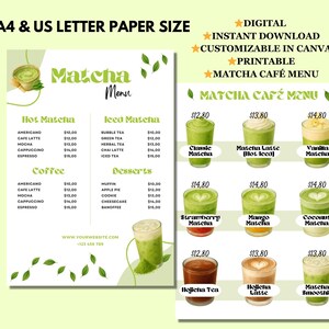 May include: A digital Matcha menu with a light green and white design. The menu includes options for hot and iced matcha drinks, coffee, and desserts. The menu also features the text "Matcha Menu" and "Matcha Cafe Menu".
