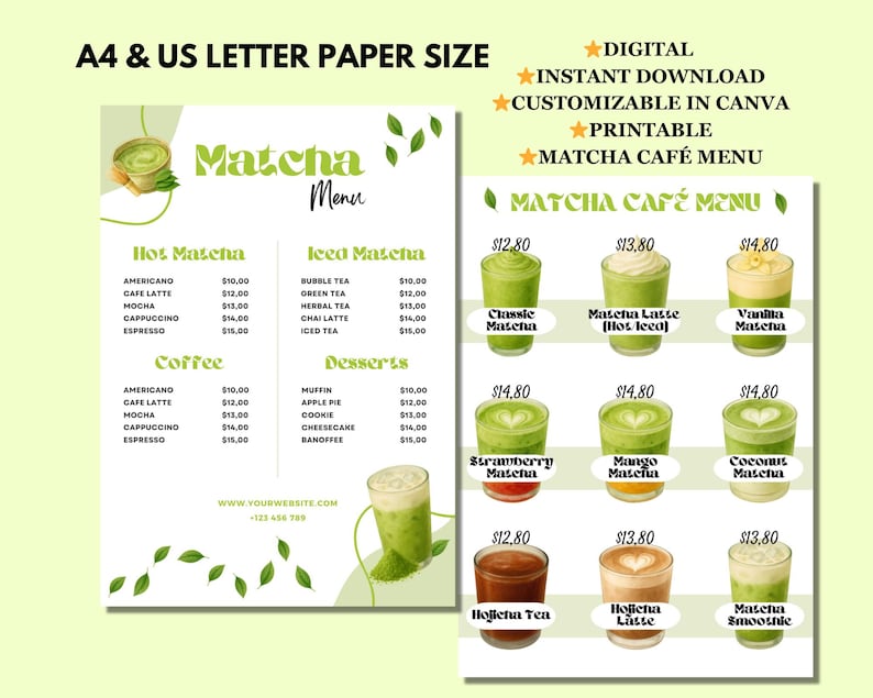 May include: A digital Matcha menu with a light green and white design. The menu includes options for hot and iced matcha drinks, coffee, and desserts. The menu also features the text "Matcha Menu" and "Matcha Cafe Menu".